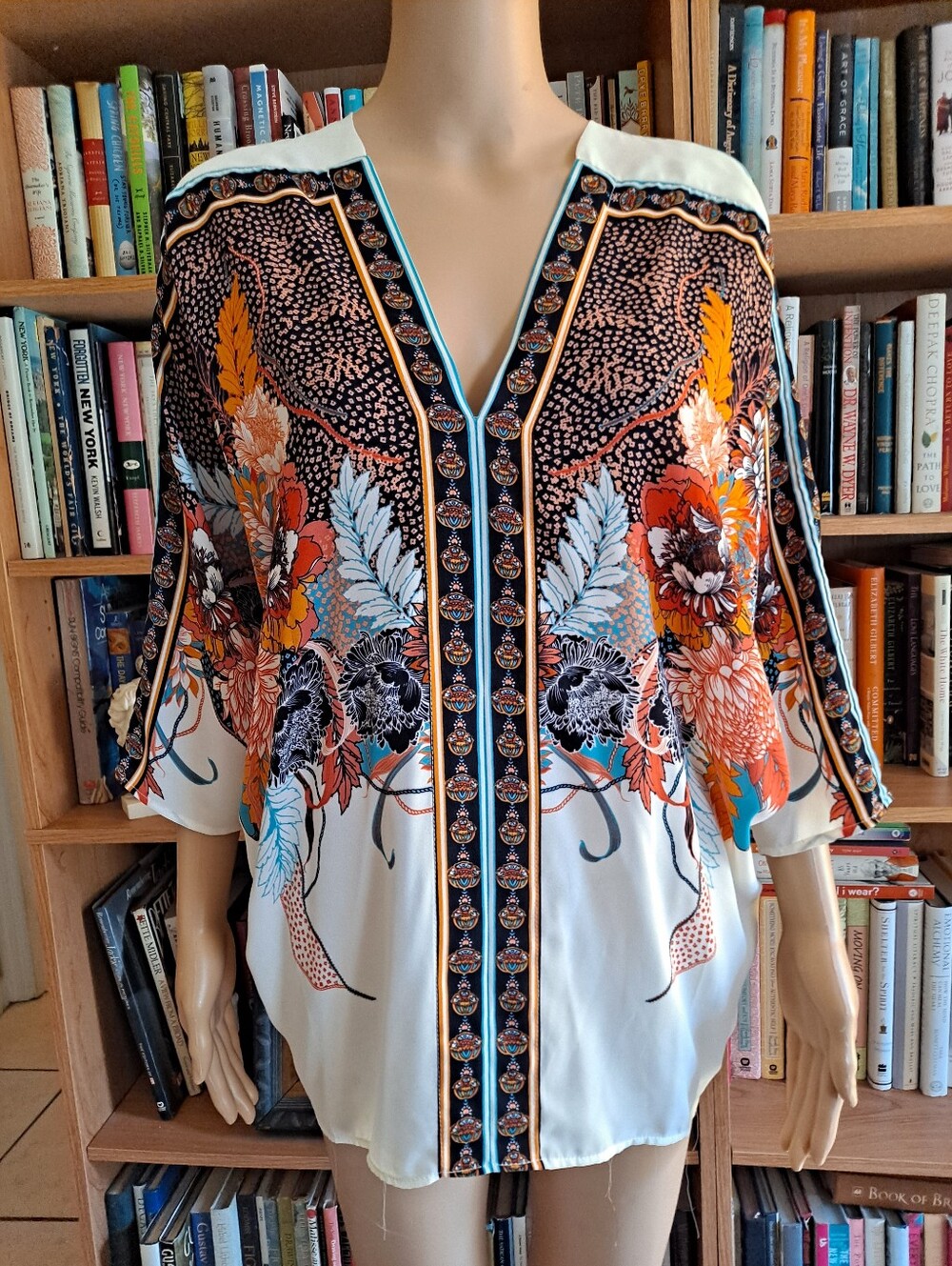 Rose + Olive Boho Silky Floral V-Neck Batwing Sleeve Top With Back Cutout